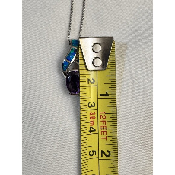 Amethyst & Blue Fire Opal Inlay 925 Sterling Silver Pendant W16” Necklace - Picture 4 of 5